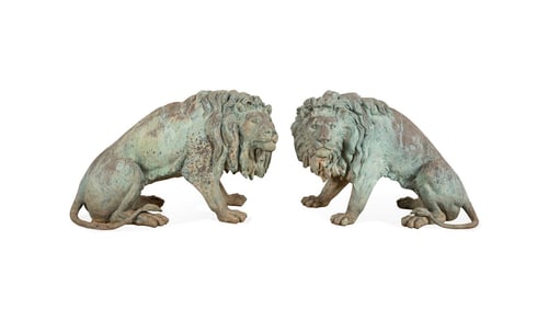 PAIR OF BRONZE GARDEN SEATED LION SCULPTURES