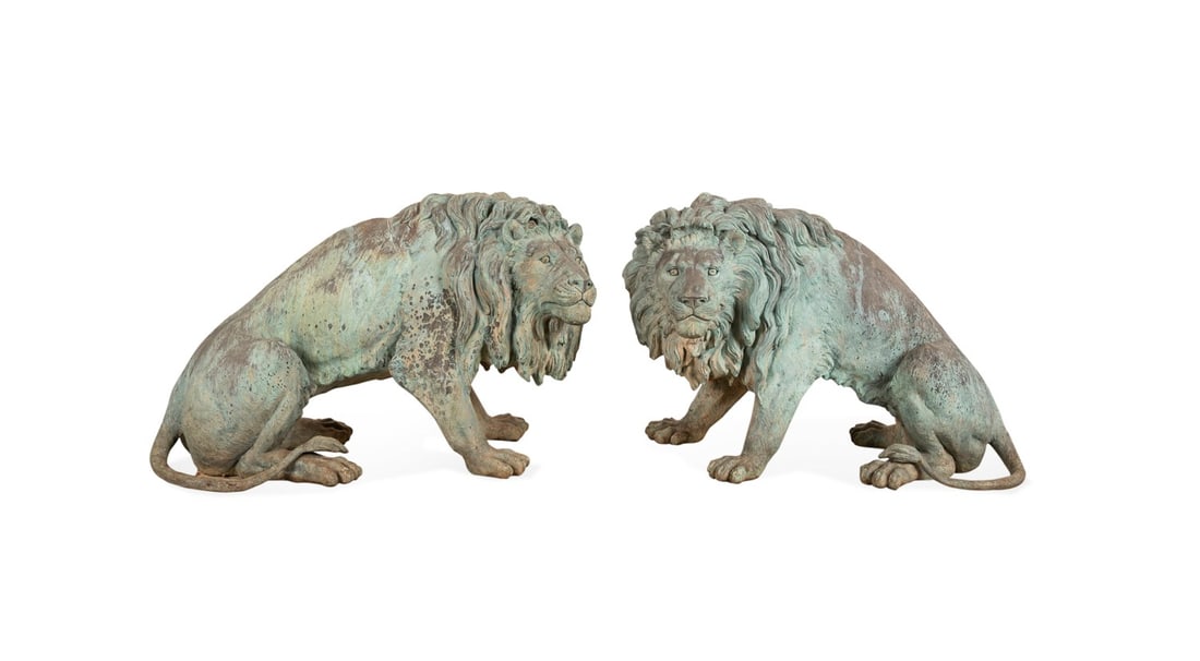 PAIR OF BRONZE GARDEN SEATED LION SCULPTURES (1 of 6)