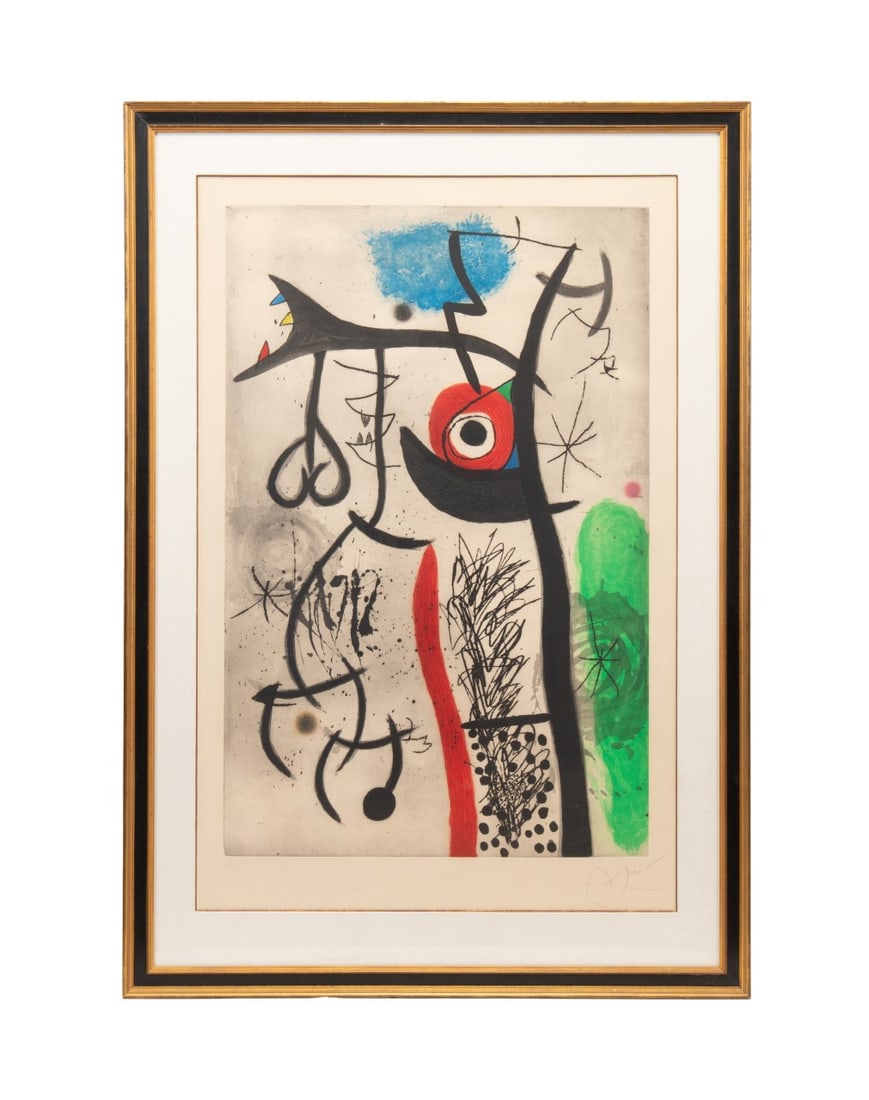 MIRO, 'L'ETRANGLE' 1974 ETCHING & AQUATINT, 40/50: Joan Miro (French, 1893-1983). "L'Etrangle" - 1974, etching and aquatint on paper, pencil signed to LR, numbered 40/50 and "Maeght" watermark to LL. Published by Maeght editeur, Paris. Framed. Approxi