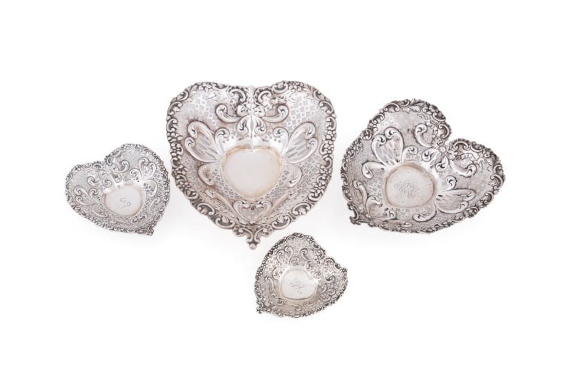 GORHAM, SET OF FOUR STERLING HEART DISHES (1 of 7)