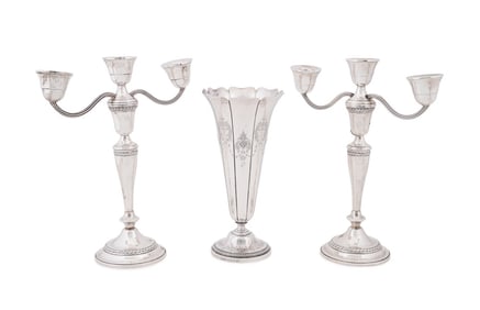 PAIR OF WEIGHTED STERLING CANDELABRAS AND A VASE