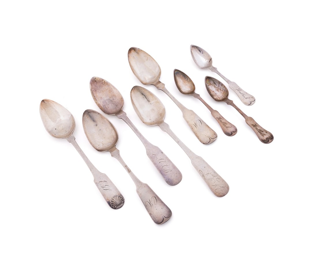 GROUP OF 8 AMERICAN COIN SILVER SPOONS, 19TH C. (1 of 9)