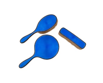 GEORGE V THREE-PIECE STERLING & ENAMEL VANITY SET