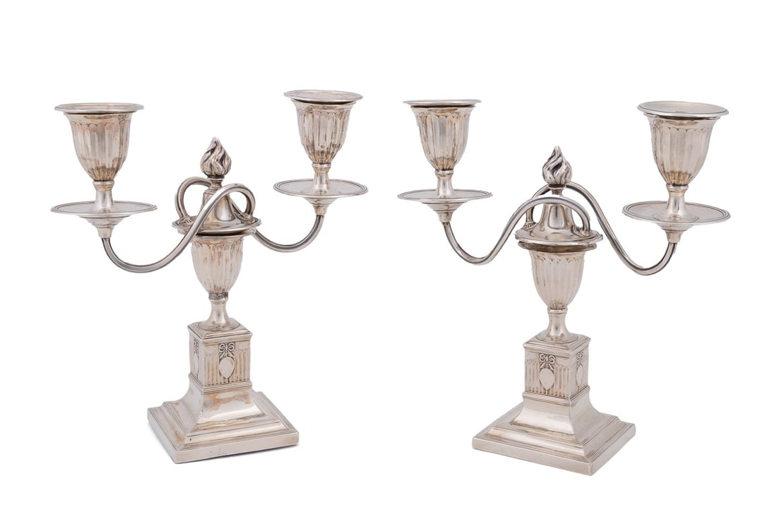 PAIR OF VICTORIAN 3-LIGHT STERLING CANDELABRA: Marks of Hawksworth, Eyre & Co. Ltd. (English (Sheffield), 1870s-1930s), 1892 and 1894. Pair of Victorian weighted sterling silver convertible 3-light candelabras in the Neoclassical taste, each havin