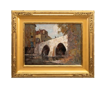 ANTHONY THIEME, BRUGES BRIDGE CANAL SCENE, OIL