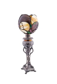 BENT GLASS NOVELTY CO. SHADE ON SILVERPLATE LAMP