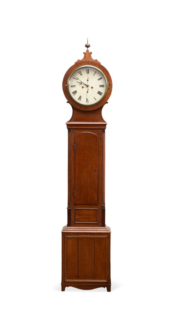 DAVID SMITH ST ANDREWS SCOTTISH TALL CASED CLOCK: Scottish, 19th century. Oak-bodied tall case clock with a white-painted dial, signed David Smith (working 1801-1873), St. Andrews. The movement is unmarked. Accompanied by two weights, key, and pendul