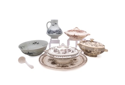 7 PIECES OF VICTORIAN TRANSFERWARE TABLEWARE
