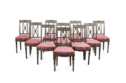 10 DIRECTOIRE STYLE CHAIRS, ATTRIB. MAISON JANSEN