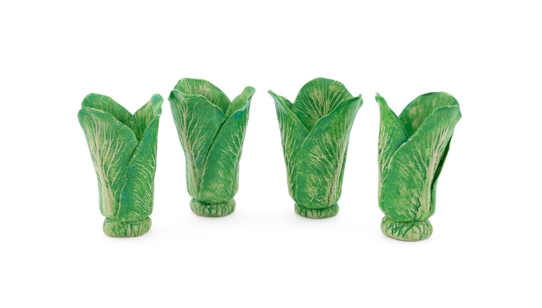 DODIE THAYER FOR AU BON GOUT, 4 LETTUCE BUD VASES: Dodie Thayer (American, 1926-2018) for Au Bon Gout (American (Palm Beach), 1970s. Set of four glazed earthenware lettuce ware bud vases, impressed marks. Provenance: Private Collection, Atlanta, GA..