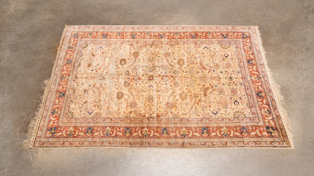 HAND-WOVEN TURKISH HEREKE SILK RUG: Turkish, 20th century. Hand-woven Hereke rug featuring tones of red, blue, bone and green, apparently unsigned. Provenance: Private Collection of an Esteemed Gentleman, Atlanta, GA. Approximate dimens