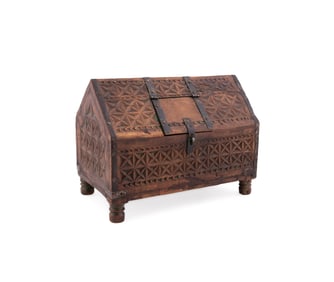 INDIAN IRON BOUND CARVED WOODEN MONEY BOX