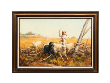 A. KARAFYLLAKIS, GIRL TENDING SHEEP OIL PAINTING