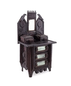 E. 20TH C. TRAMP ART MINIATURE DRESSER WITH MIRROR