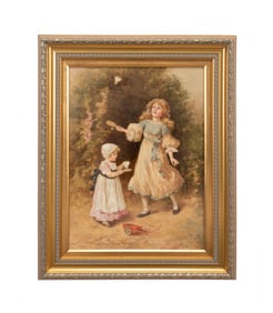 EVA HOLLYER, YOUNG GIRLS PLAYING, L. 19TH C. OIL