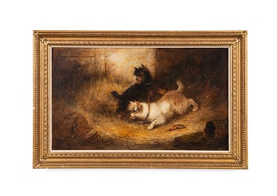 J. MORRIS, 1906 'CAUGHT AT LAST' PLAYING DOGS, OIL