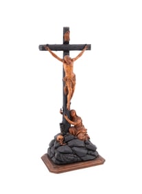 19TH C. FRENCH CARVED WOODEN CRUCIFIXION SCENE