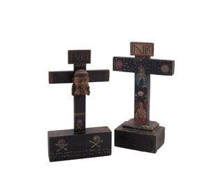 TWO MEXICAN FOLK ART PAINTED WOODEN CRUZ DE ANIMAS