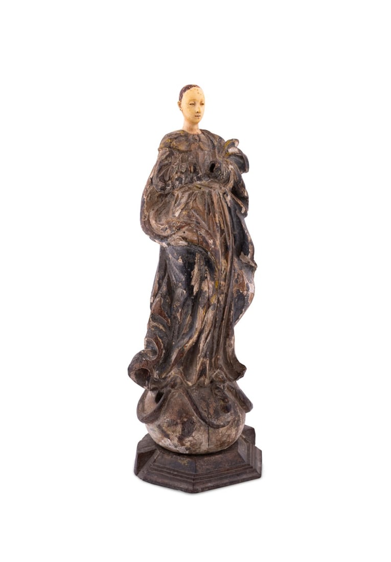 BLESSED VIRGIN MARY SANTOS WITH BONE HEAD: Likely Mexican, Central or South American, or Continental, 19th century or earlier. Carved wooden santos figure of the Blessed Virgin Mary, having a bone head, apparently unmarked. Provenance: Private