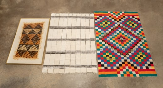 THREE AFRICAN HAND WOVEN TEXTILES, ONE FRAMED