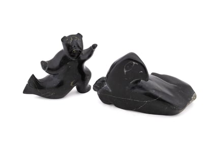 TWO INUIT SOAPSTONE CARVINGS, EAGLE & BEAR