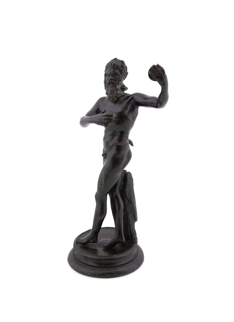 19TH C. GRAND TOUR FIGURE OF A DANCING FAUN: Italian, 19th century. Grand Tour bronze figure of a dancing faun, apparently unmarked. Provenance: Private Collection of an Esteemed Gentleman, Atlanta, GA. Approximate dimensions: h. 11.25", w. 5.62