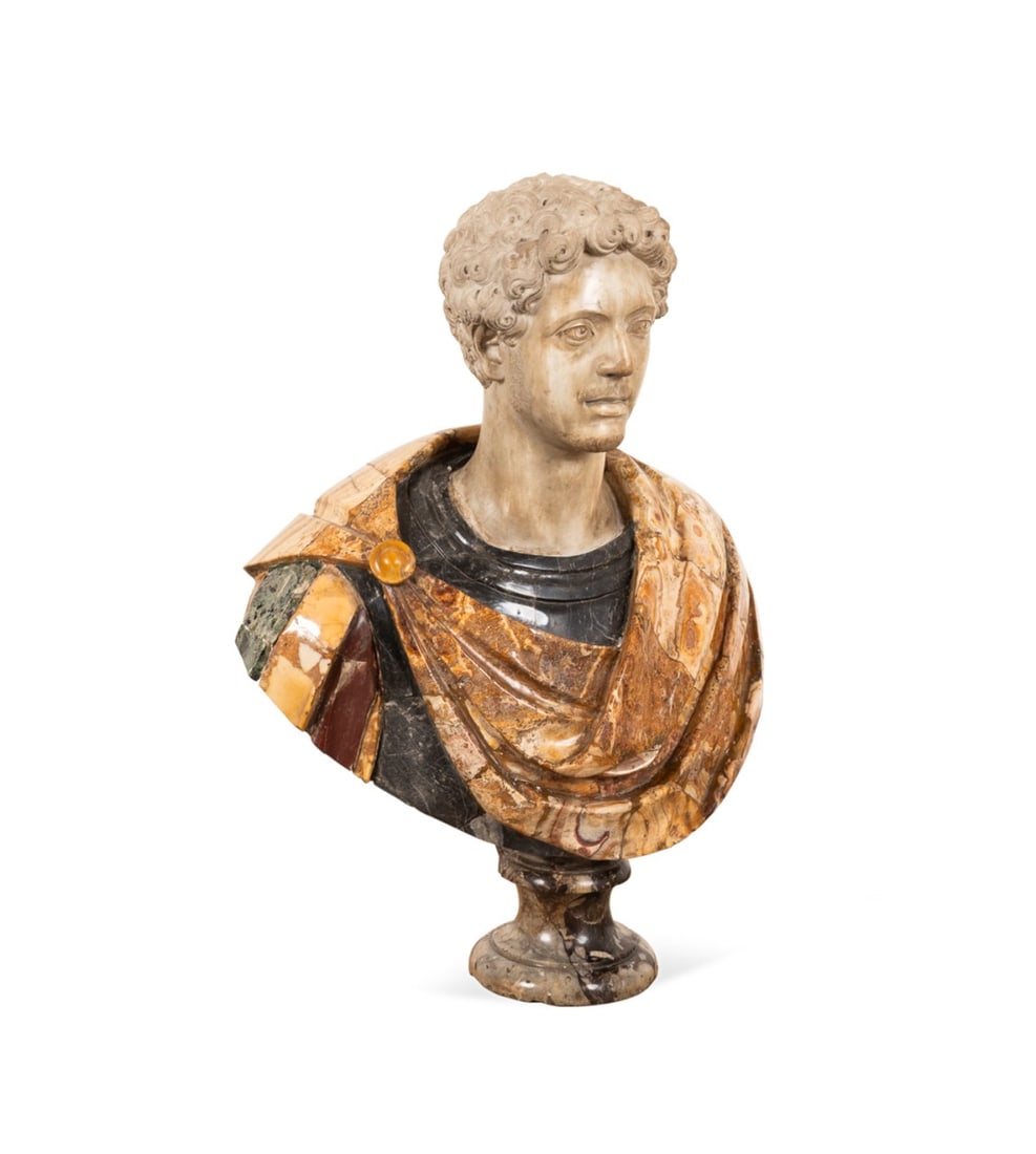ITALIAN MARBLE & ALABASTER ROMAN EMPEROR BUST: Italian. Roman emperor mixed marble and alabaster bust, depicted wearing armour and a cloak, apparently unmarked. Provenance: Private Collection of an Esteemed Gentleman, Atlanta, GA. Approximate dime
