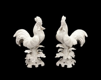 PAIR OF ITALIAN BLANC DE CHINE ROOSTERS