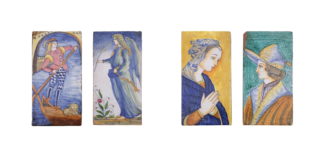 LA PICCOLA BOTTEGA, FOUR MAJOLICA FIGURAL PLAQUES: La Piccola Bottega (Italian), mid-20th century. Collection of four majolica polychrome terracotta decorated figural wall plaques or tiles, including an angel and an attributed gondolier, three of the