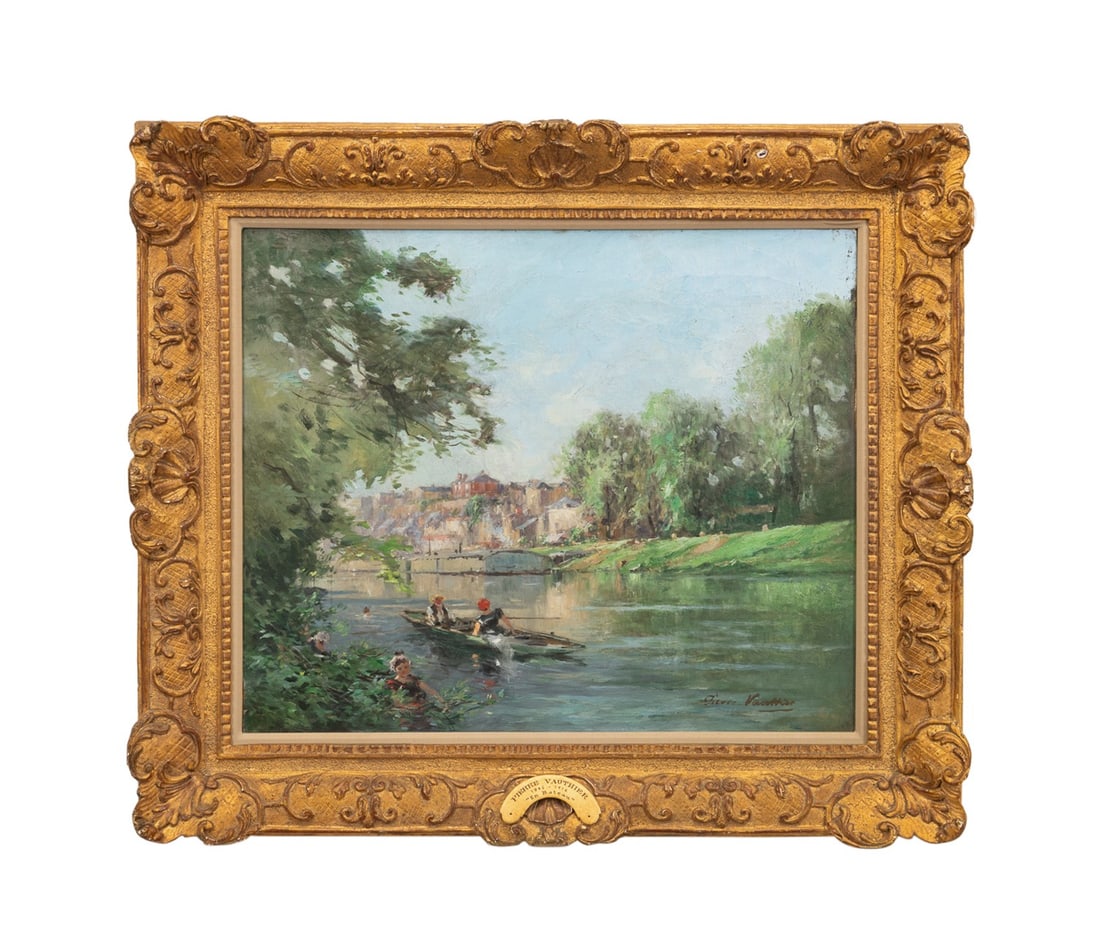 PIERRE VAUTHIER, 'EN BATEAU', OIL ON CANVAS: Pierre Louis Leger Vauthier (French, 1845-1916). "En Bateau", oil on canvas, signed to LR, two stamps to verso for Hammer Galleries, New York - inscribed ID356 and No. 20356-6, label to verso for Hind