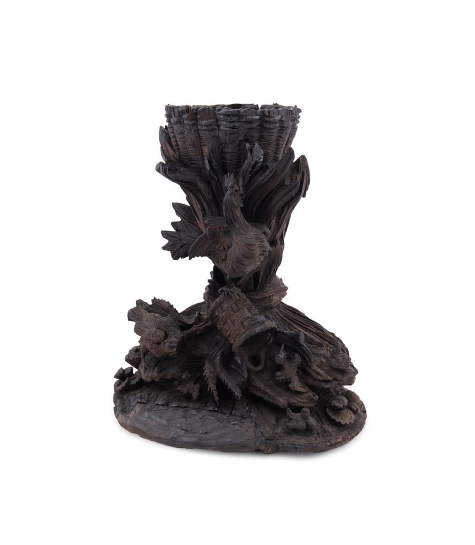 BLACK FOREST CARVED BASKET VASE WITH ROOSTERS (1 of 7)