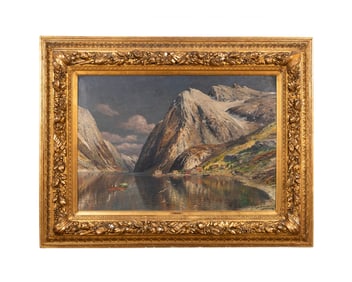 JOHANN HOLMSTEDT, FJORD LANDSCAPE OIL ON CANVAS