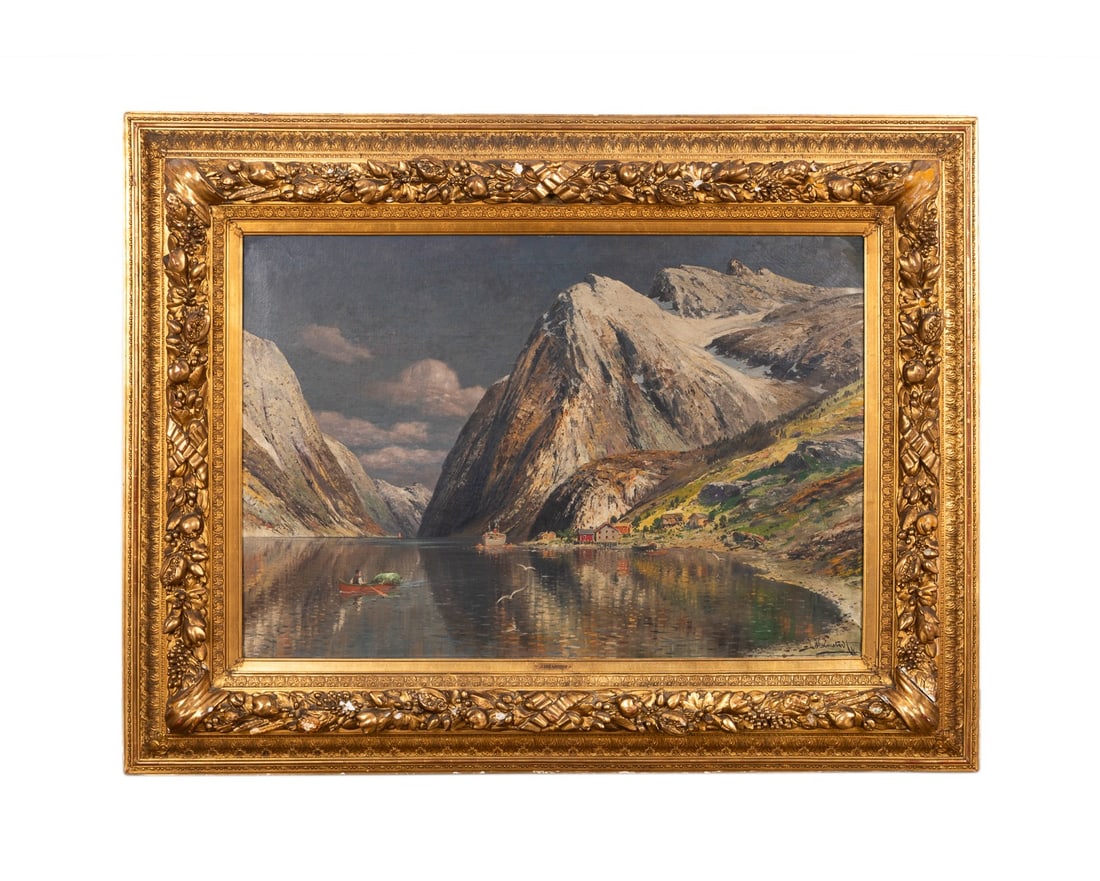 JOHANN HOLMSTEDT, FJORD LANDSCAPE OIL ON CANVAS: Johann Holmstedt (Swedish, 1851-1929). Untitled - Fjord and Figural Landscape, oil on canvas, signed "J. Holmstedt" to LL, label to verso for Christie's. In impressive highly carved giltwood and gesso