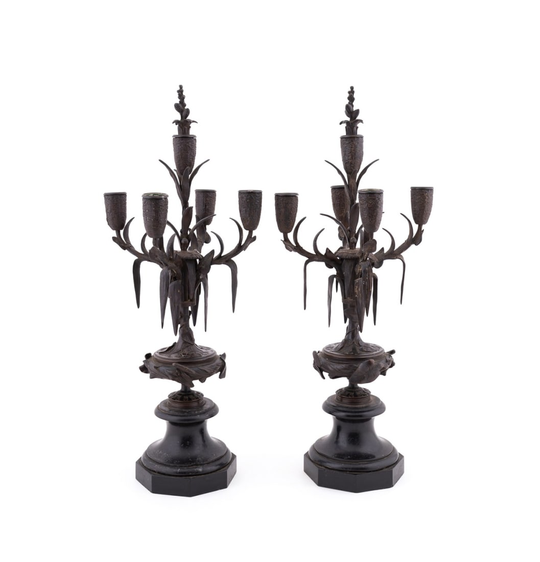 ATTR. J. PRAIDER, PAIR OF AESTHETIC CANDELABRAS: Attributed to James Praider (Swiss / French, 1790-1852), mid 19th century. Pair of Aesthetic Movement patinated bronze candelabras on marble bases, apparently unmarked. Provenance: Private Collection,