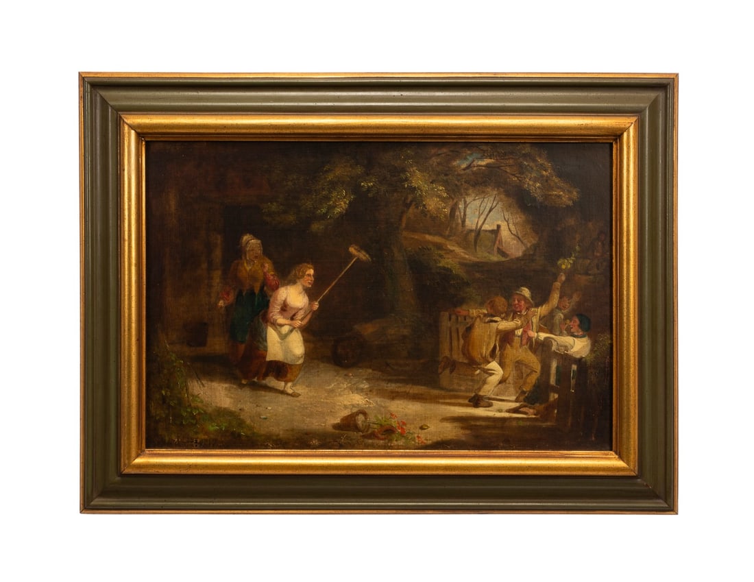 CONTINENTAL SCHOOL, WOMAN W/ BROOM GENRE SCENE OIL: Continental School. Untitled - Woman with Broom Genre Scene, oil on canvas, apparently unsigned. Framed. Provenance: Private Collection, Dawsonville, GA. Approximate dimensions: canvas h. 16", w. 23.8