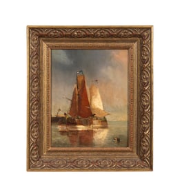 ACHILLE LAMOTTE, FISHING BOAT SEASCAPE, OIL