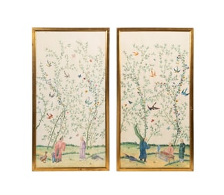 PAIR, CHINOISERIE FIGURAL HAND-PAINTED WALL PANELS