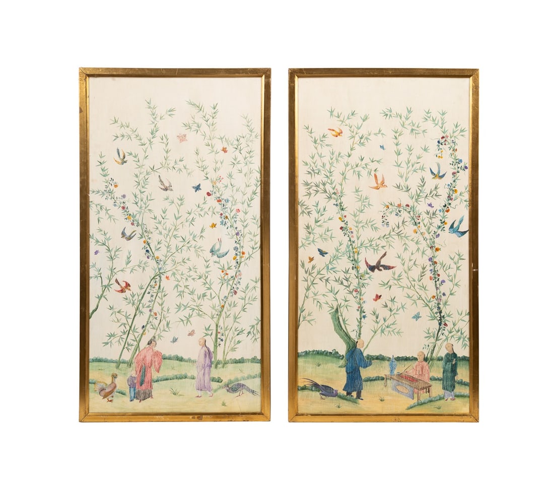 PAIR, CHINOISERIE FIGURAL HAND-PAINTED WALL PANELS (1 of 6)