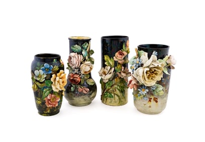 FOUR 19TH C. BARBOTINE FAIENCE FLORAL VASES