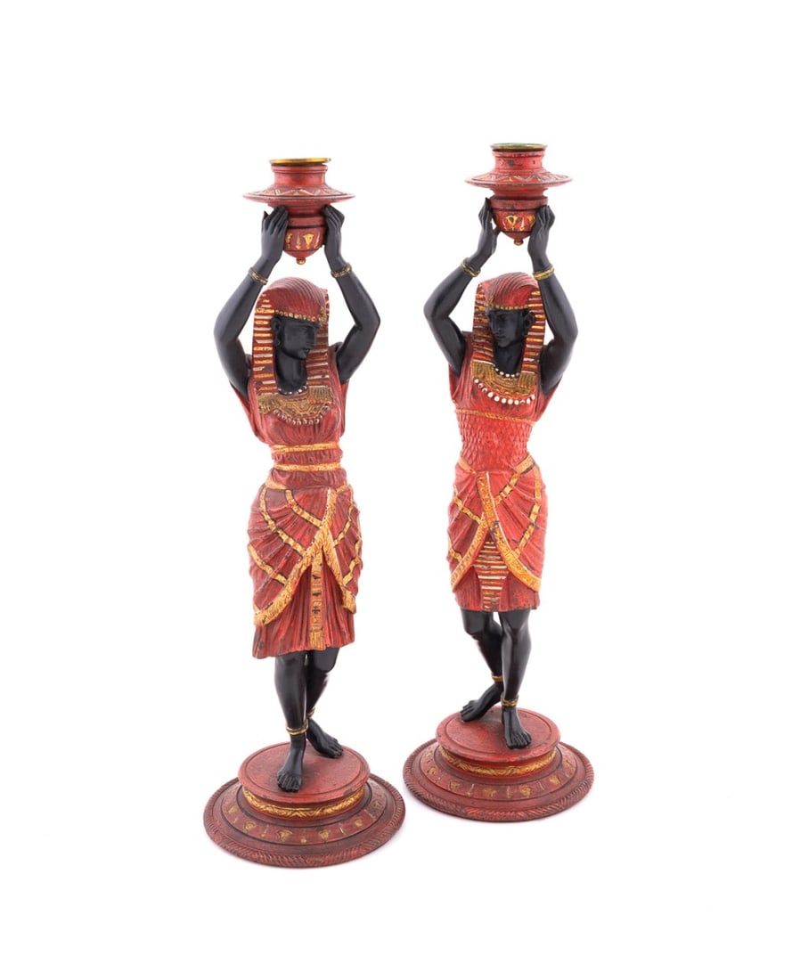 PAIR OF EGYPTIAN REVIVAL CANDLESTICKS, C. 1920: French, circa 1920. Pair of Egyptian Revival cold painted metal figural candlesticks, apparently unmarked. Provenance: Private Collection of an Esteemed Gentleman, Atlanta, GA. Approximate dimensions: