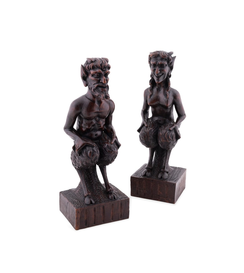 PAIR OF CARVED WOODEN RENAISSANCE REVIVAL SATYRS: Continental, 19th / 20th century. Pair of carved wooden Renaissance Revival figures, modeled as a male and female satyrs, apparently unmarked. Provenance: Private Collection of an Esteemed Gentleman, 