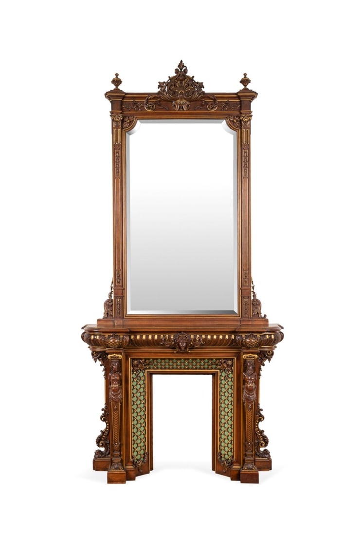 RENAISSANCE REVIVAL STYLE MIRROR AND MANTEL: American or European, 20th century. Renaissance Revival style parcel gilt mahogany mirror and fireplace mantel, the mirror having an acanthus crest flanked by urns and beveled plate, the mantel having