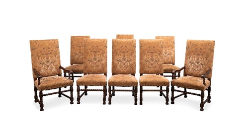 EIGHT TAPESTRY UPHOLSTERED HIGH-BACK DINING CHAIRS