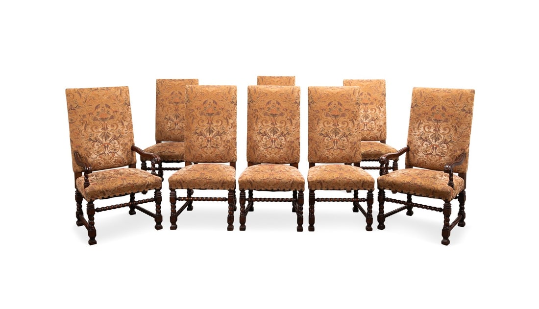 EIGHT TAPESTRY UPHOLSTERED HIGH-BACK DINING CHAIRS (1 of 4)