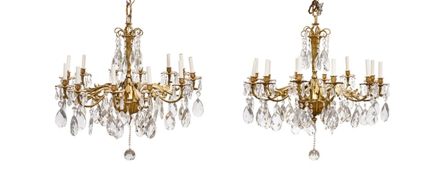 PAIR OF 12-LIGHT GILT BRONZE CRYSTAL CHANDELIERS