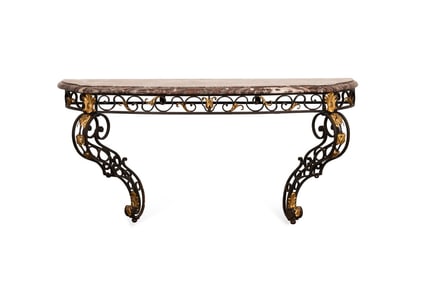 L. 19TH C. FRENCH WROUGHT IRON MARBLE TOP CONSOLE