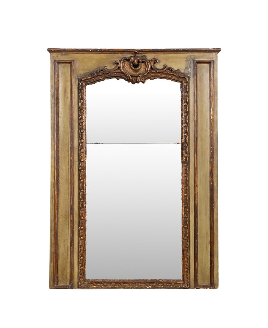 19TH C. CONTINENTAL ROCOCO STYLE MIRROR: Continental, 19th century. Carved painted parcel gilt wooden mirror in the Rococo taste, having a rocaille border with double plates, apparently unmarked. Provenance: Private Collection, Atlanta, GA;