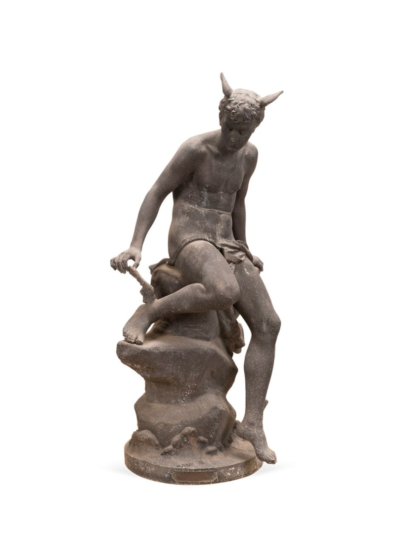 'MERCURY', SPELTER FIGURE, AFTER EUTROPE BOURET: After Eutrope Bouret (French, 1833-1906), circa 1890. Spelter or white metal figure, "Mercure", depicting a seated Mercury, plaque to base "Mercure / Par Bouret / Paris Salon 1890", otherwise apparent