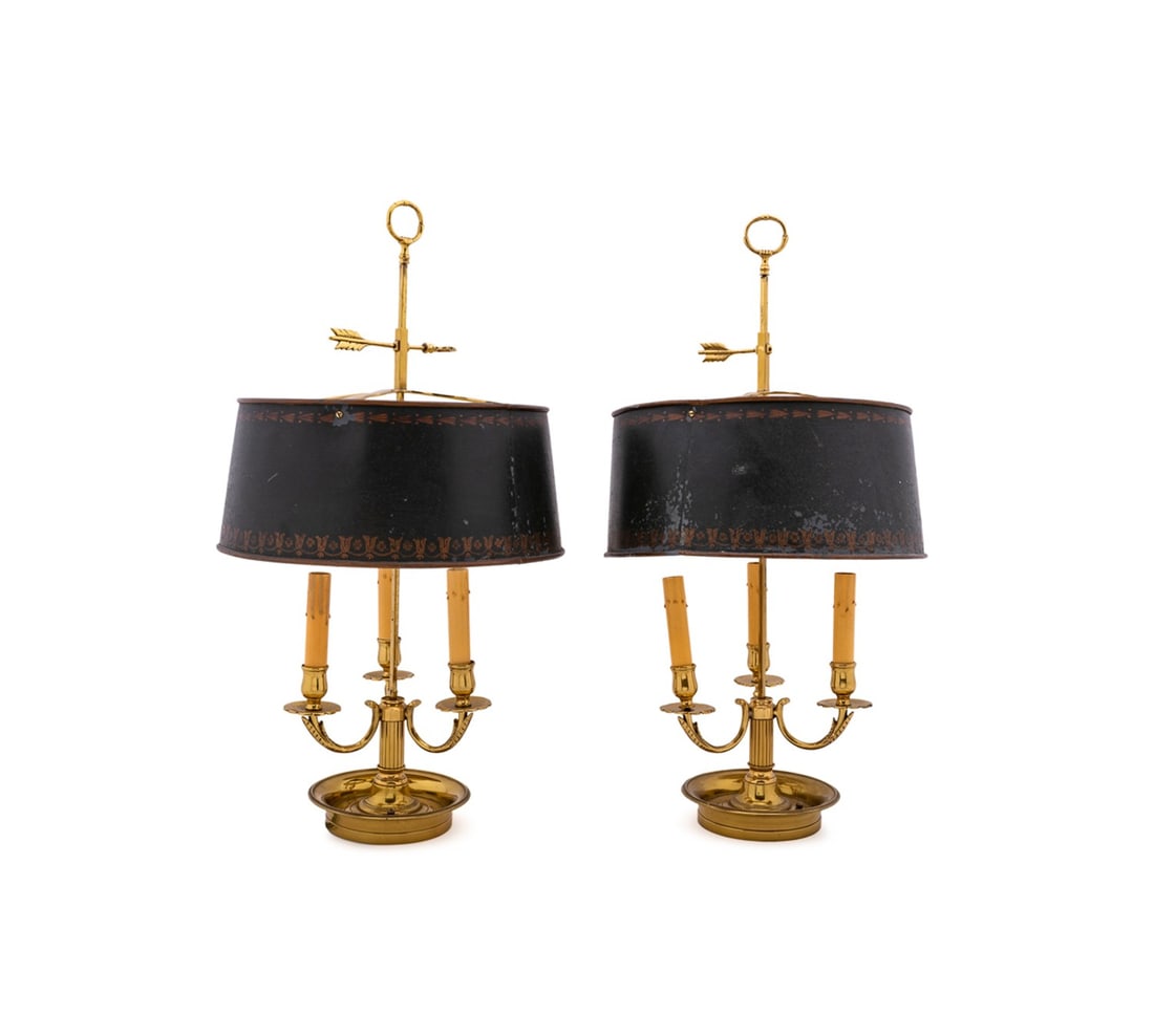 PAIR OF BRASS BOUILLETTE LAMPS WITH TOLE SHADES (1 of 5)