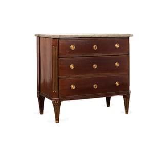 19TH C. LOUIS XVI 3-DRAWER MARBLE TOP COMMODE